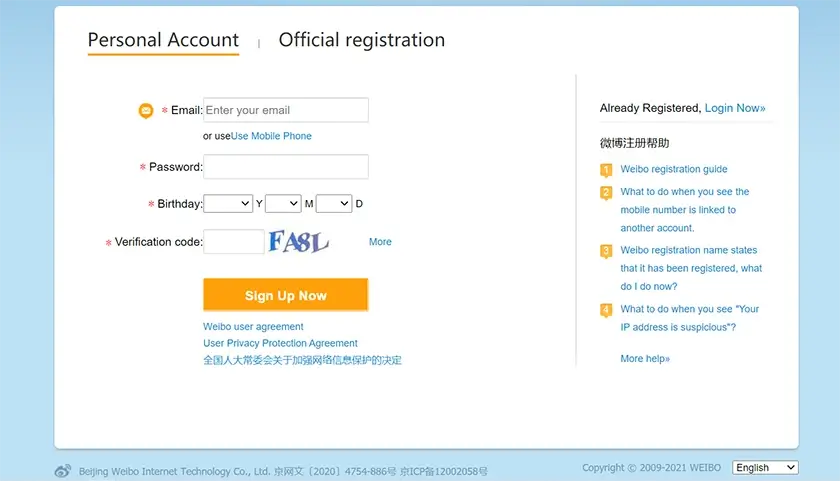 Cách đăng ký weibo bằng gmail